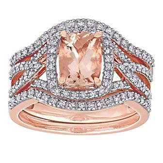 Stella Grace 10k Rose Gold Morganite & 1/3 Carat T.W. Diamond Halo Split Shank Bridal Ring Set