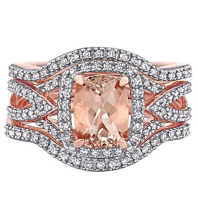 Stella Grace 10k Rose Gold Morganite & 1/3 Carat T.W. Diamond Halo Split Shank Bridal Ring Set