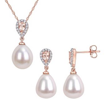 Stella Grace 10k Rose Gold Freshwater Cultured Pearl, Morganite & 1/5 Carat T.W. Diamond Drop Earrings & Pendant