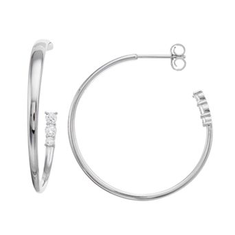 Sterling Silver Cubic Zirconia 3-Stone C-Hoop Earrings