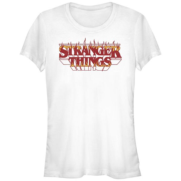 Juniors' Stranger Things Fire Logo Fitted Graphic Tee