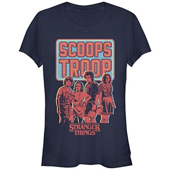 Juniors' Stranger Things Scoops Troop Portrait Fitted Graphic Tee