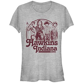 Juniors' Stranger Things Hawkins Indiana Group Shot 1985 Fitted Graphic Tee
