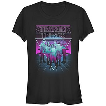 Juniors' Stranger Things Group Shot Neon Triangle Fitted Graphic Tee