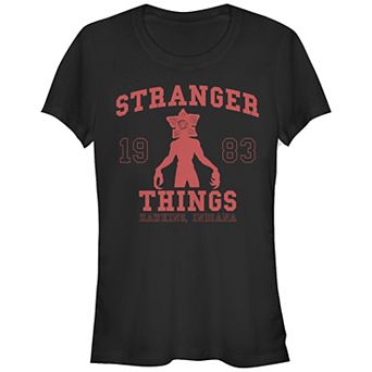 Juniors' Stranger Things Demogorgon Collegiate 1983 Hawkins Indiana Fitted Graphic Tee