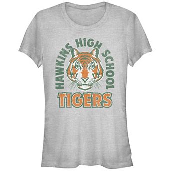 Juniors' Stranger Things Hawkins High School Tigers Arch Fitted Graphic Tee