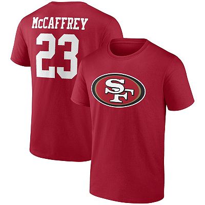 Men s Fanatics Branded Christian McCaffrey Scarlet San Francisco 49ers Player Icon Name Number T Shirt