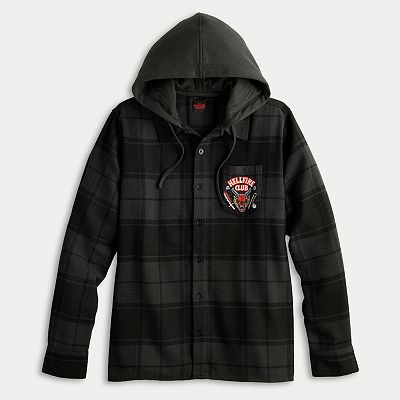 Men s Stranger Things Hellfire Club Long Sleeve Hooded Flannel Button Up Top