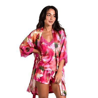 Anna-Kaci Lounge Women's 3-Piece Set Satin Baroque Print Pajama Cami with Matching Robe and Relaxed Straight-Leg Pants