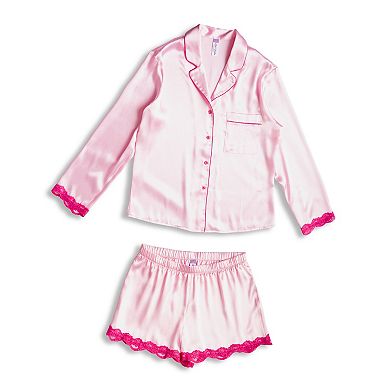 Women's Lilac+London Solid Notch Collar Pajama Shirt & Pajama Shorts Set