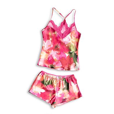 Plus Size Lilac+London Floral Print Satin Camisole Top & Pajama Shorts Sleep Set