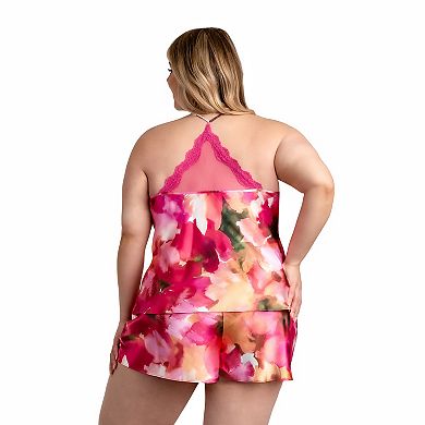 Plus Size Lilac+London Floral Print Satin Camisole Top & Pajama Shorts Sleep Set