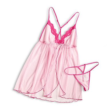 Plus Size Lilac+London Sheer Lace Chemise & G-String Panty Lingerie Set