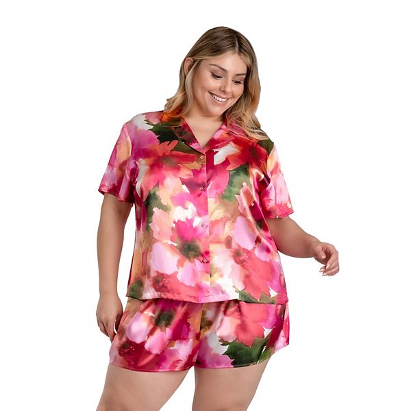 Plus Size Lilaclondon Floral Satin Notch Collar Top And Pajama Shorts Sleep Set