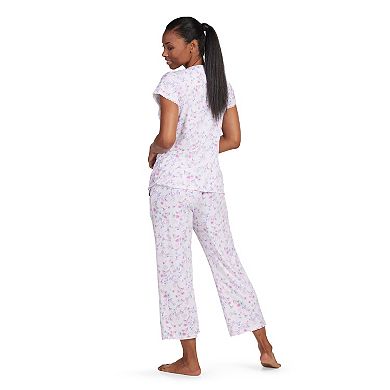 Women's Miss Elaine Essentials Micro Velvet Lace Neck Pajama Shirt & Floral Print Pajama Pants Set