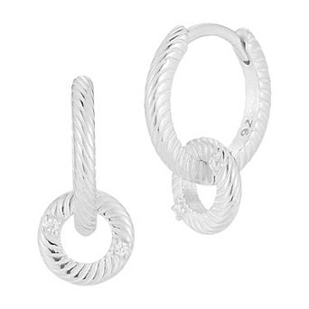 Sunkissed Sterling Sterling Silver Cubic Zirconia Textured Double-Circle Drop Hoop Earrings