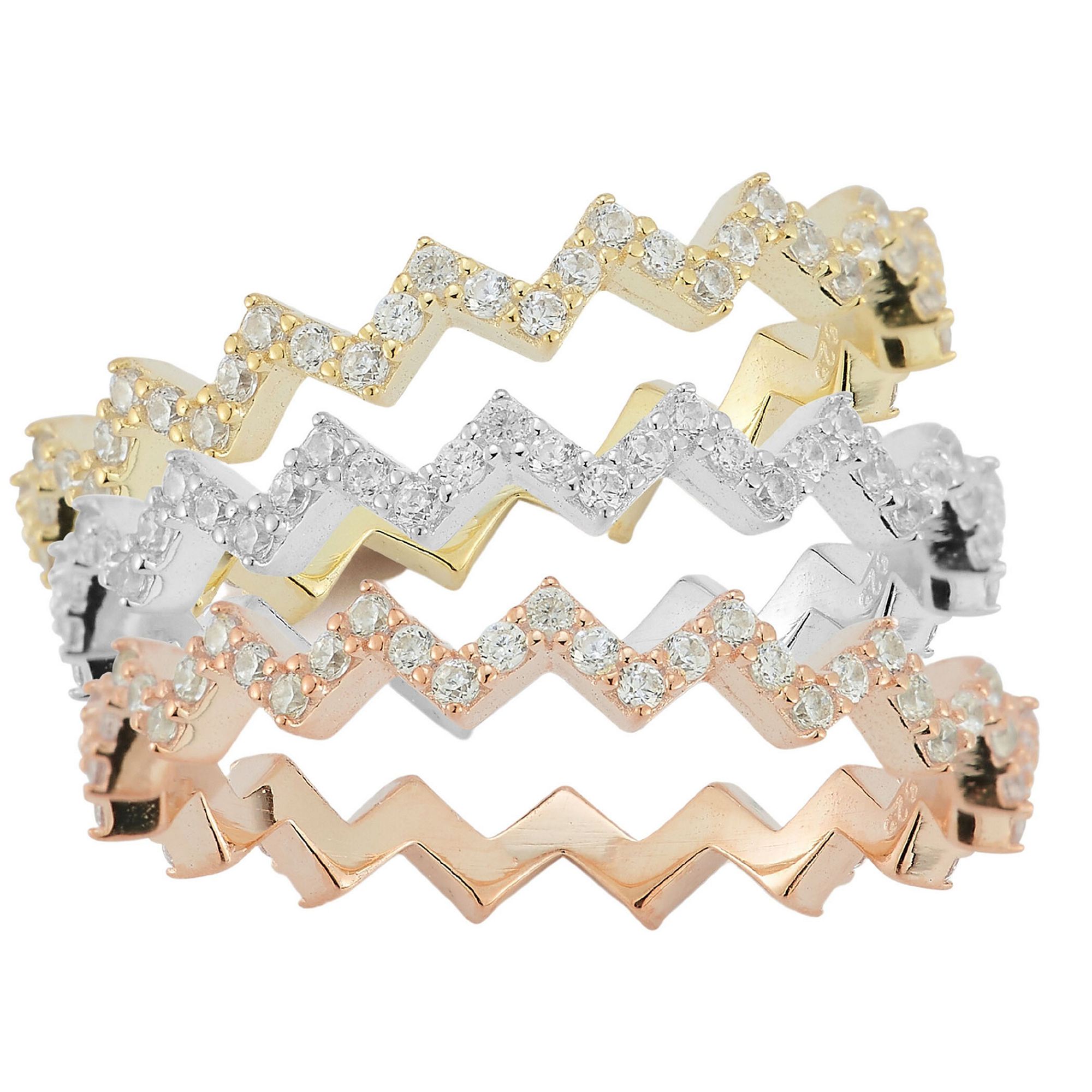 Sunkissed Sterling Tri-Tone Cubic Zirconia Zigzag Rings Set, Womens, Size: