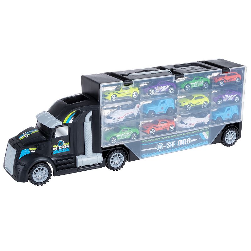 Car Carrier Semi Truck Toy - 2-Sided Cargo Trailer Holds 24 Vehicles- Includes 10 Cars and 2 Helicopters -Storage Case with Carry Handle by Hey! Play! (80-TK122201)