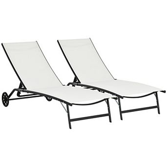 Outsunny Patio Chaise Lounge Chair Set of 2, 2 pc Outdoor Recliner with Wheels, 5 Level Adjustable Backrest for Garden, Deck & Poolside, Cream White