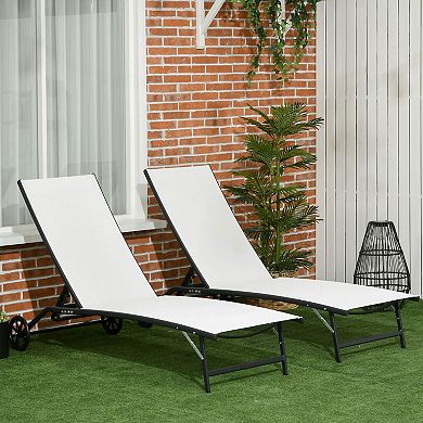 Outsunny Patio Chaise Lounge Chair Set of 2, 2 Piece Outdoor Recliner with Wheels, 5 Level Adjustable Backrest for Garden, Deck & Poolside, Cream White