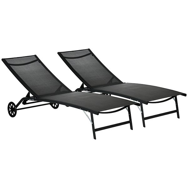 Outsunny Patio Chaise Lounge Chair Set of 2, 2 Piece Outdoor Recliner with Wheels, 5 Level Adjustable Backrest for Garden, Deck & Poolside, Black - Black