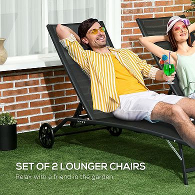 Outsunny Patio Chaise Lounge Chair Set of 2, 2 Piece Outdoor Recliner with Wheels, 5 Level Adjustable Backrest for Garden, Deck & Poolside, Black