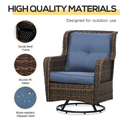 Outsunny 3-Piece Patio Bistro Set, PE Rattan Wicker Outdoor Furniture with 360° Swivel Rocking Chairs and Soft Cushion, Glass Top Table for Porch, Backyard, Garden, Dark Blue