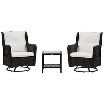 Outsunny 3 pc Patio Bistro Set, PE Rattan Wicker Outdoor Furniture with 360° Swivel Rocking Chairs and Soft Cushion, Glass Top Table for Porch, Backyard, Garden, Cream White