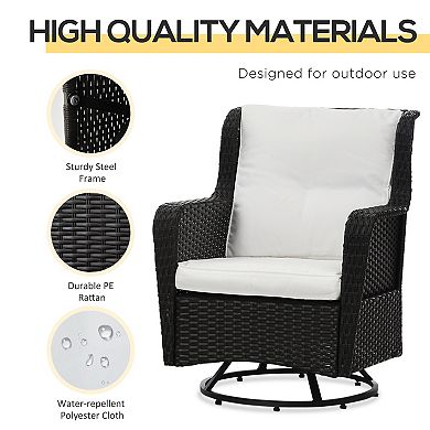 Outsunny 3-Piece Patio Bistro Set, PE Rattan Wicker Outdoor Furniture with 360° Swivel Rocking Chairs and Soft Cushion, Glass Top Table for Porch, Backyard, Garden, Cream White