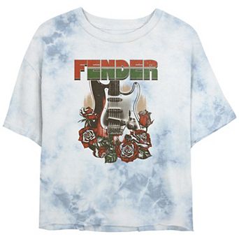 Juniors' Fender Guitar Roses Sketch Bombard Wash Cropped Graphic Tee