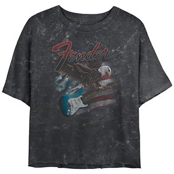 Juniors' Fender Eagle Guitar USA Flag Mineral Wash Cropped Graphic Tee