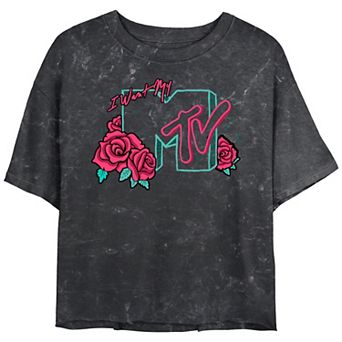 Juniors' MTV I Want My Music Television Neon Roses Sign Mineral Wash Cropped Graphic Tee