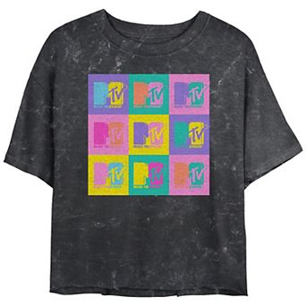 Juniors' MTV Music Television Color Pop Logo Grid Mineral Wash Cropped Graphic Tee