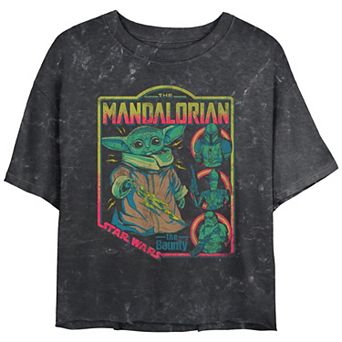 Juniors' Star Wars The Mandalorian The Child Bounty Comic Cover Mineral Wash Cropped Graphic Tee