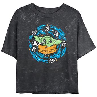 Juniors' Star Wars Frog Spiral Mineral Wash Cropped Graphic Tee