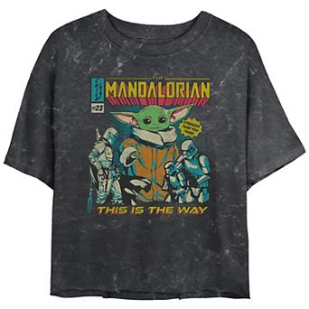 Juniors' Star Wars The Mandalorian Group Shot Comic Cover Doodle Mineral Wash Cropped Graphic Tee