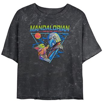 Juniors' Star Wars The Mandalorian & The Child Triangle Galaxy Touch Mineral Wash Cropped Graphic Tee