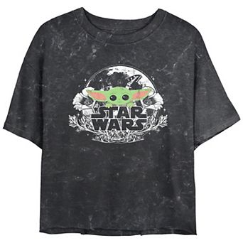 Juniors' Star Wars The Mandalorian The Child Floral Mineral Wash Cropped Graphic Tee