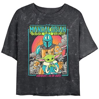 Juniors' Star Wars The Mandalorian Wherever I Go He Goes Pop Art Mineral Wash Cropped Graphic Tee