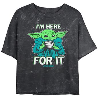 Juniors' Star Wars The Mandalorian The Child I'm Here For It Mineral Wash Cropped Graphic Tee