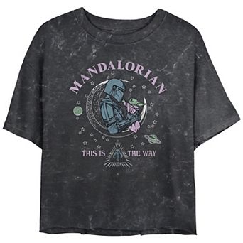 Juniors' Star Wars The Mandalorian Din Djarin Grogu This is the Way Cosmic Mineral Wash Cropped Graphic Tee