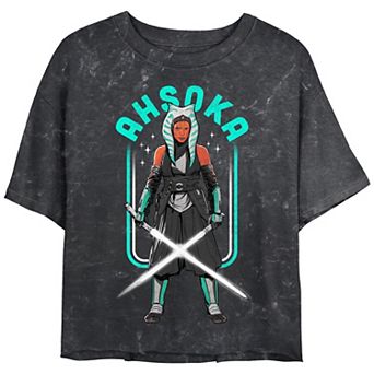 Juniors' Star Wars The Mandalorian Ahsoka Jedi Lightsaber Stand Mineral Wash Cropped Graphic Tee