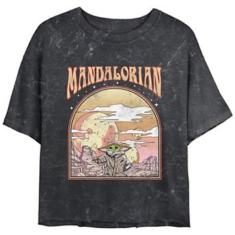 Juniors' Star Wars The Mandalorian Grogu Landscape Retro Crop Top Tee