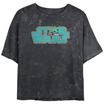 Juniors' Star Wars The Mandalorian Child Hiding Logo Crop Top Tee