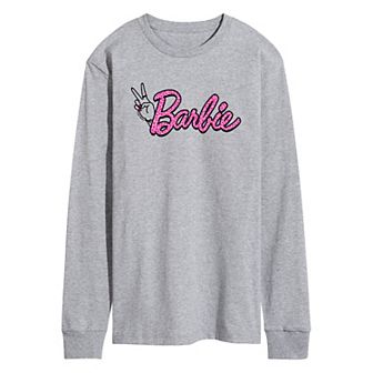 Men's Barbie® Leopard Print Peace Sign Logo Long Sleeve Graphic Tee