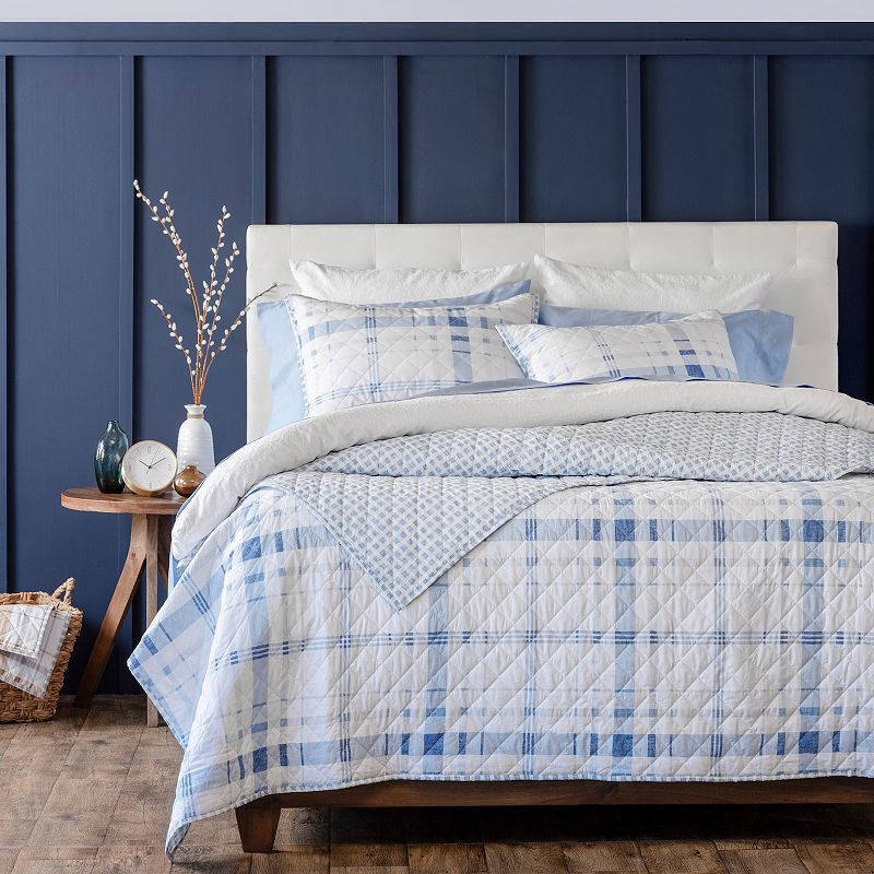 Martha Stewart Bartlett Plaid 3-Piece Quilt Set with Shams, Blue, Queen