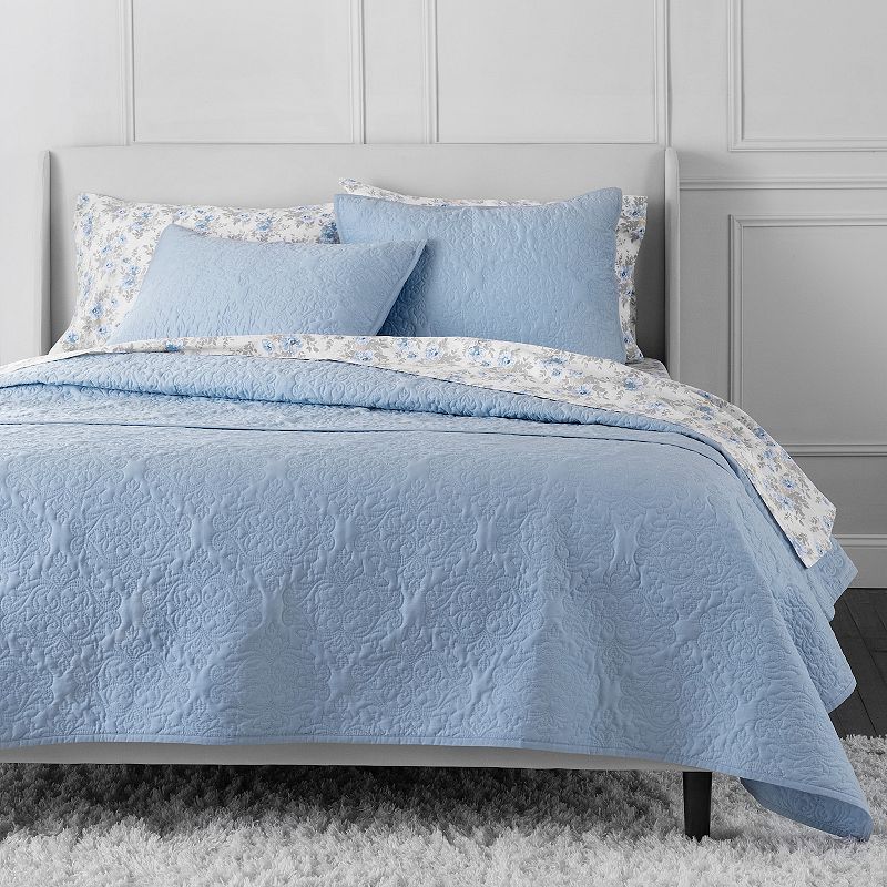 Martha Stewart Tessa Sateen 3-Piece Quilt Set with Shams, Blue, Queen