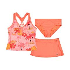 Athletic 3 Piece Tankini Swimsuit Boy Shorts For Women-Black Orange Floral