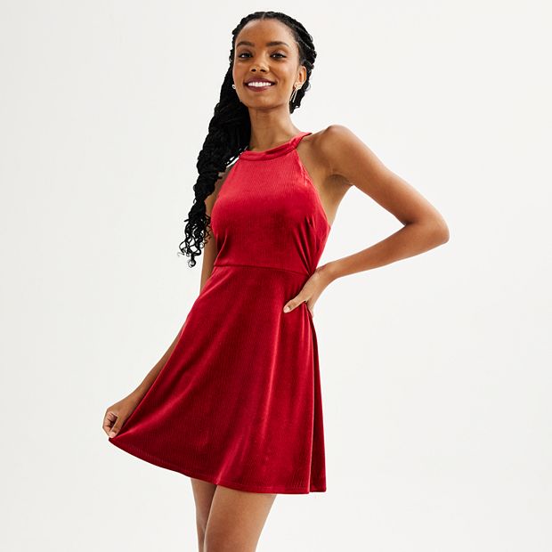 Juniors' Live To Be Spoiled Velvet Halter Neck Skater Dress
