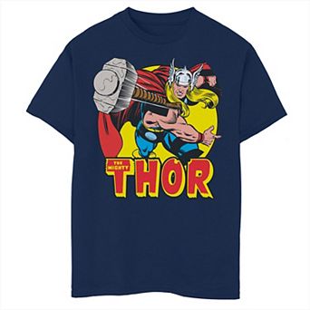 Boys Husky Marvel The Mighty Thor Throwing Hammer Retro Graphic Tee